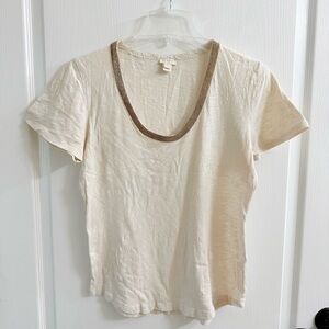 J. Crew Cream Short Sleeve Top with Brown Trim